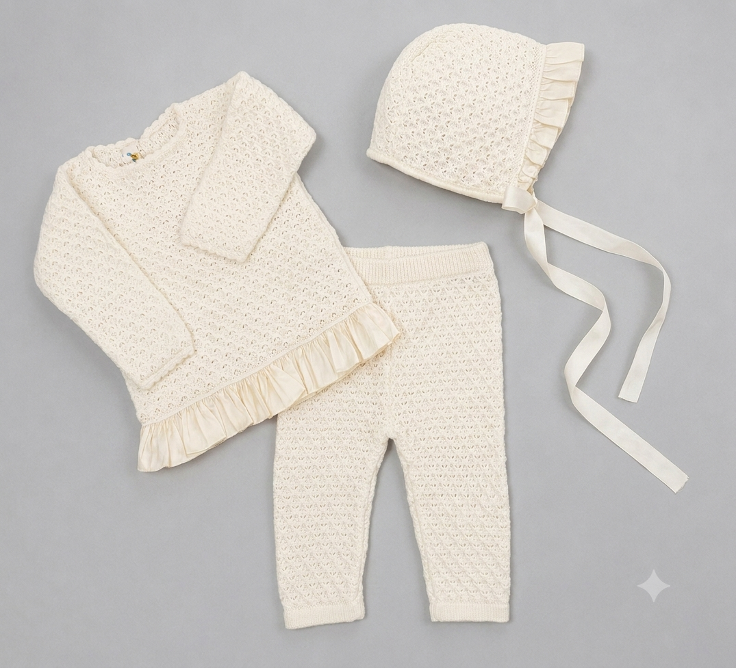 Ivory Knit Baby Girl 3-Piece pants set with Silk Ruffle