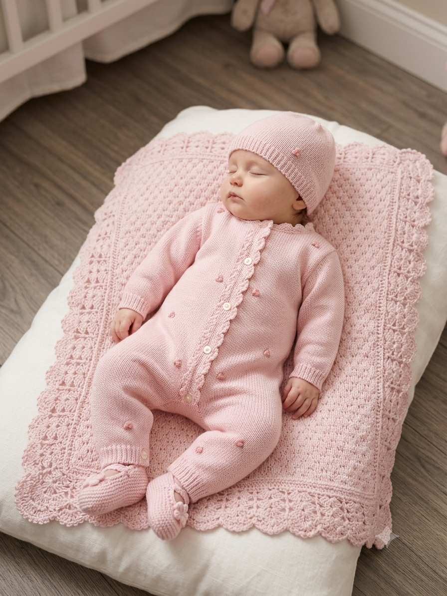 Pink Knit Baby 4-Piece Layette Set – Romper, Hat, Booties & Blanket Angel