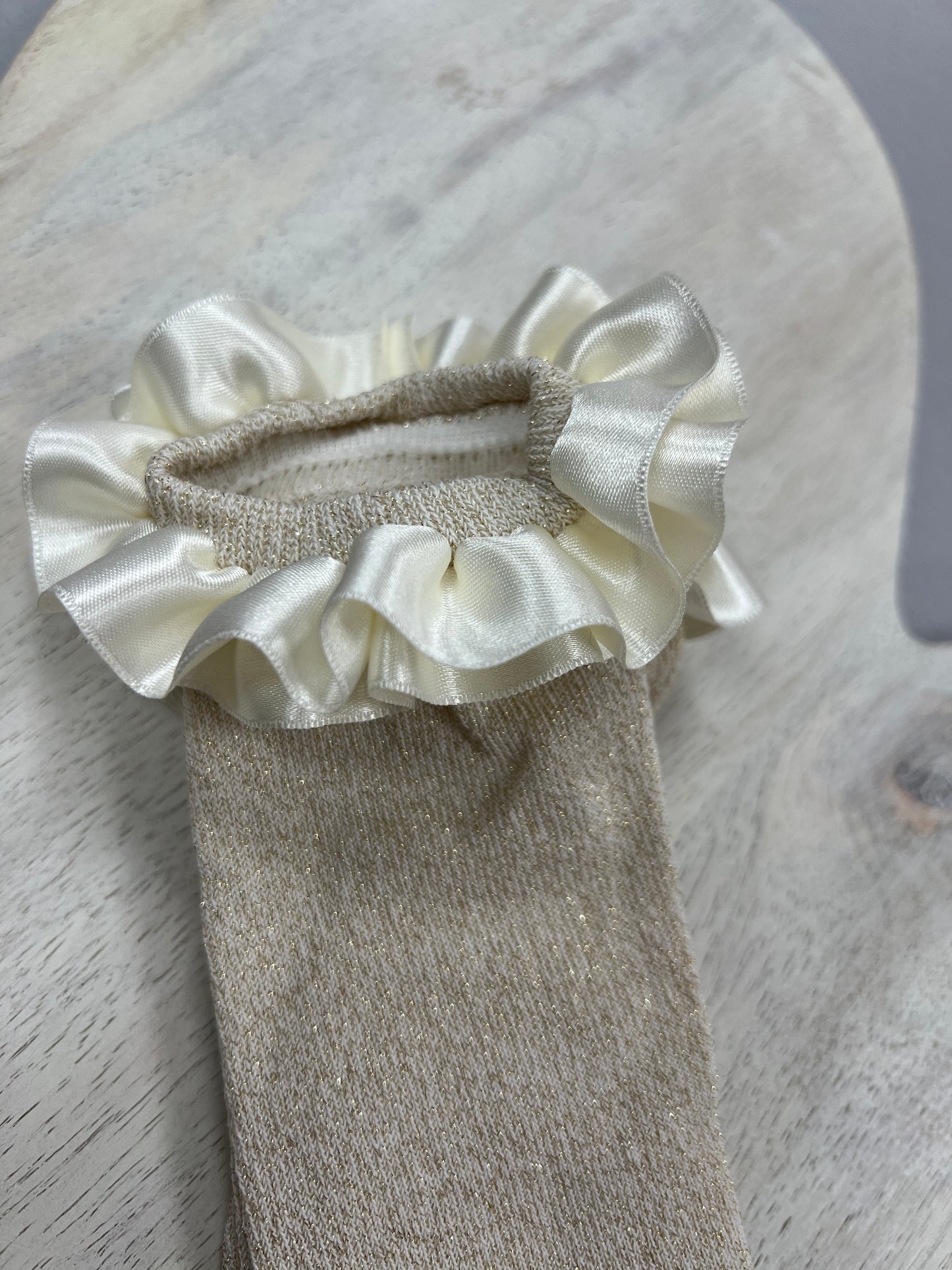 1114 Ivory/gold knee High Socks with Ivory satin ruffle