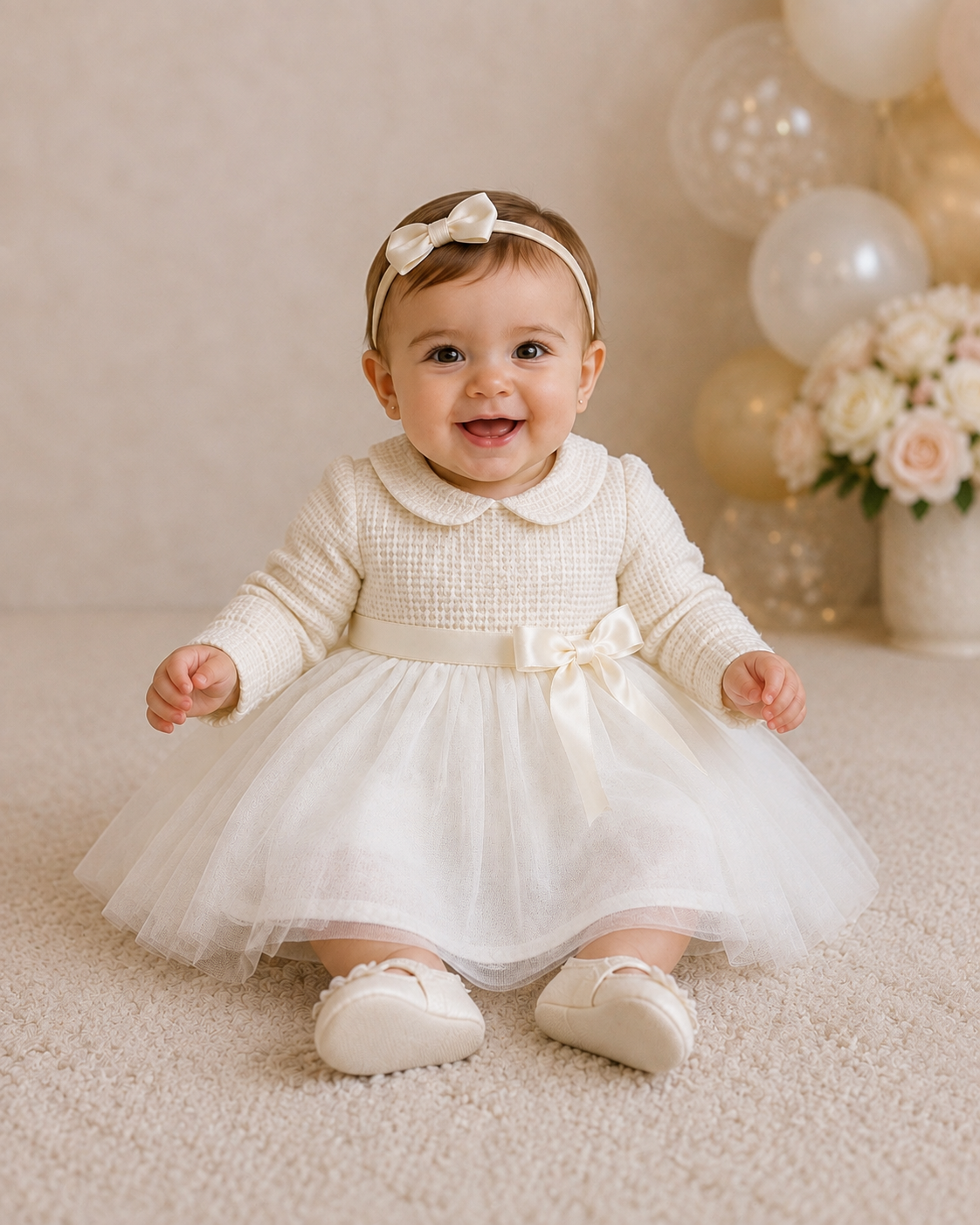 Girls Ivory Tweed & Tulle Dress Made In Italy