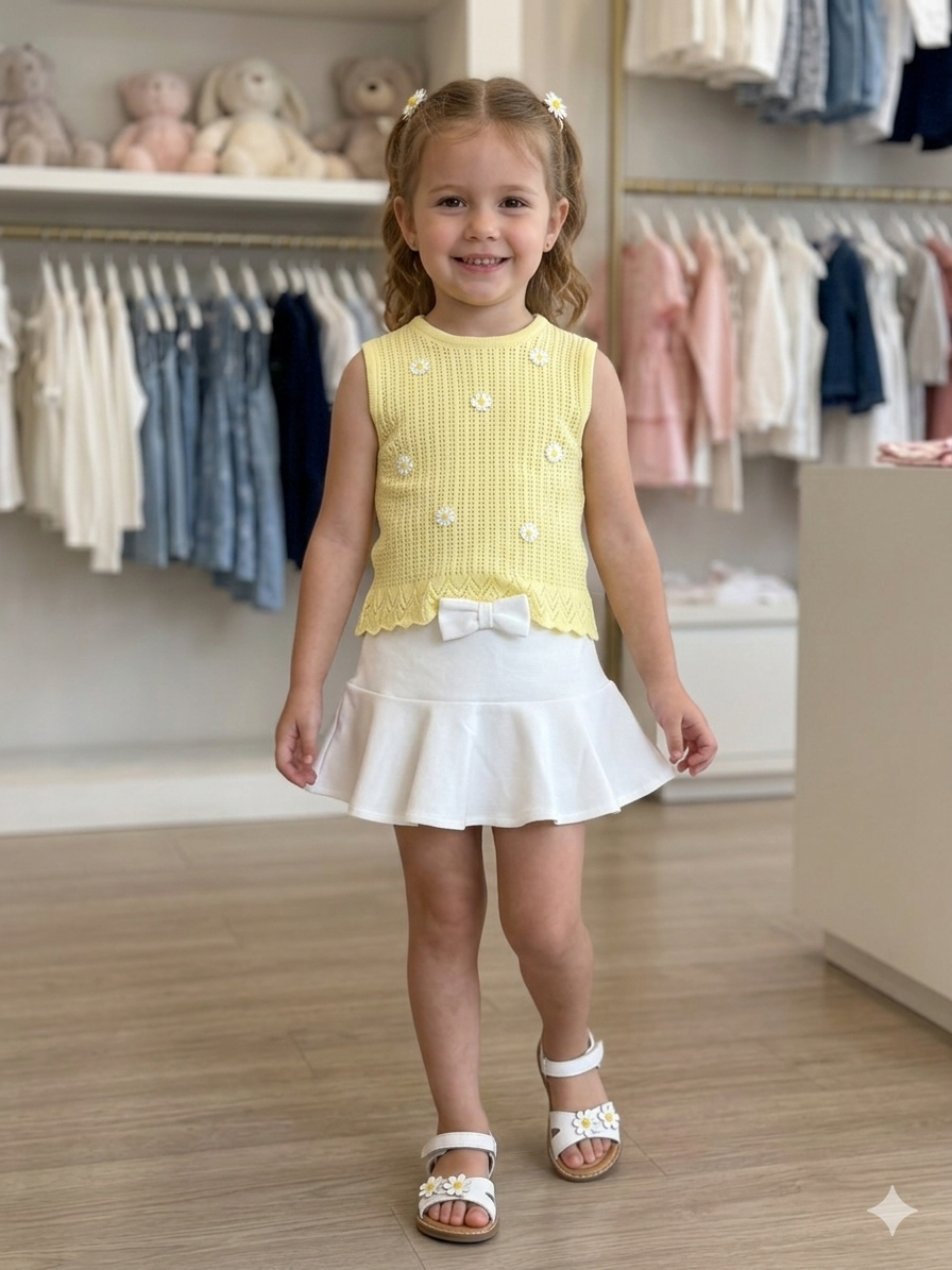 Yellow Knit Top & White Skirt Set