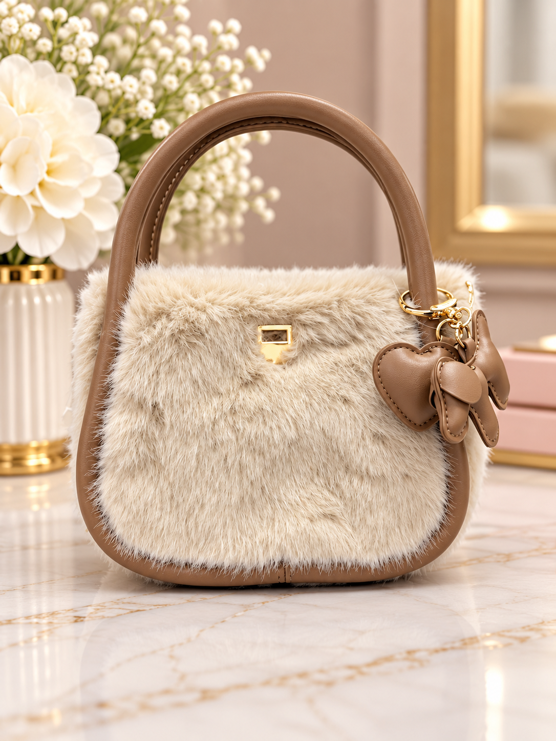 Cream Faux-Fur Bow Charm Top-Handle Handbag