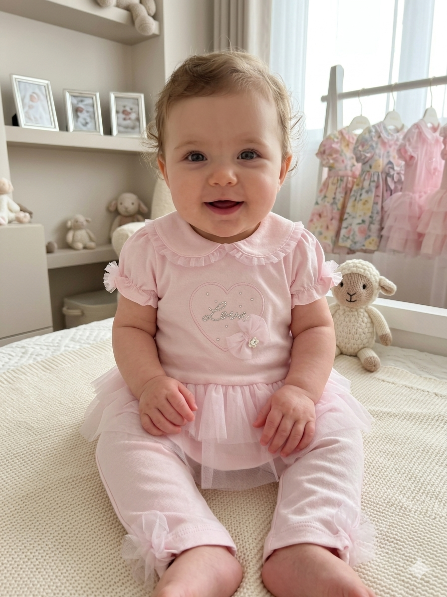 Baby Girls Pink Tulle Outfit with Heart Detail