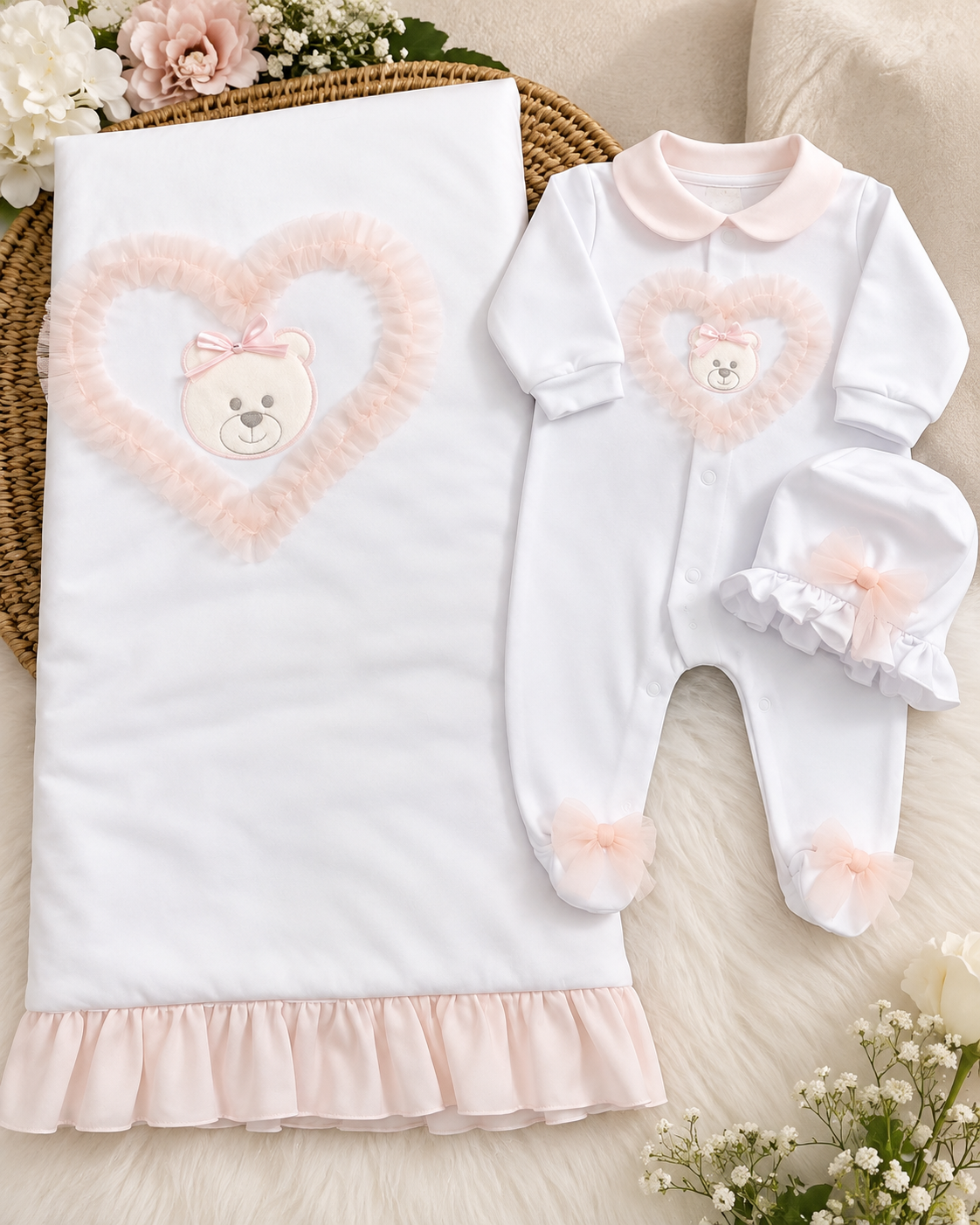 White & Blush Pink Teddy Bear Baby take me home set Made In Italy