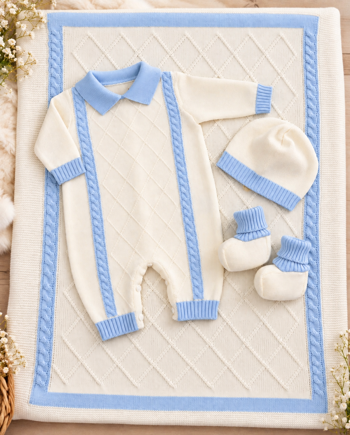 Ivory & Baby Blue Cable-Knit Baby Romper Take Me Home Set Made In Italy