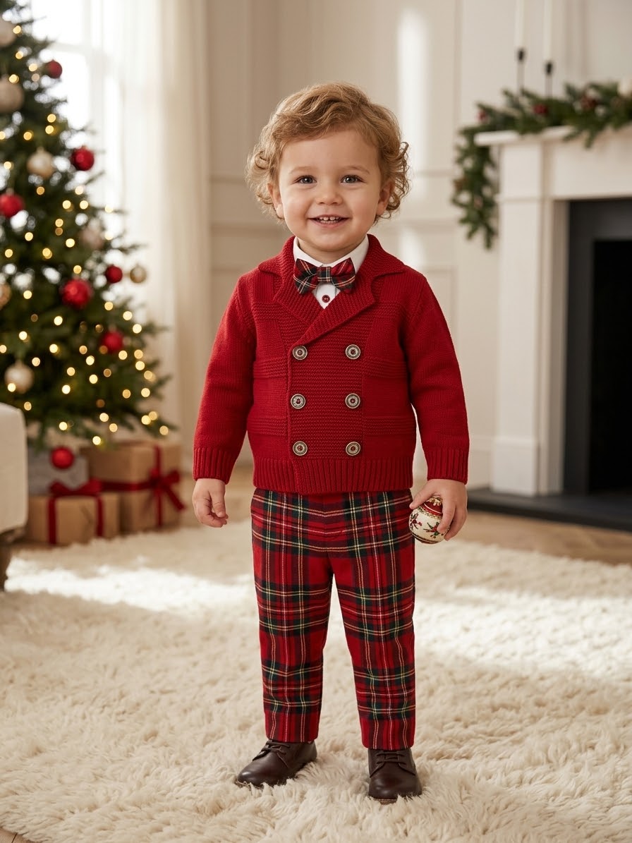 Baby Boys' Red Christmas Cardigan & Plaid Pant Set