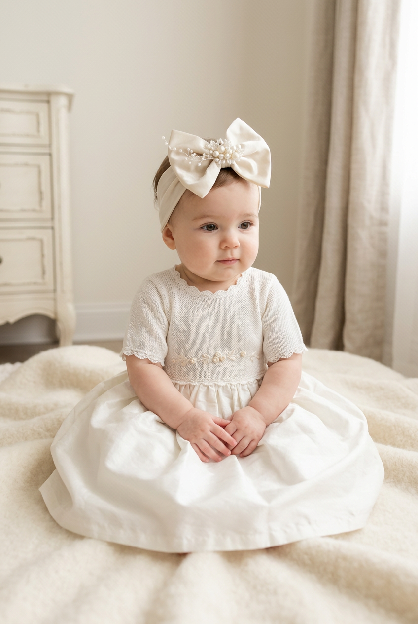 Baby Girls’ Ivory Knit-Bodice-silk skirt Occasion Dress