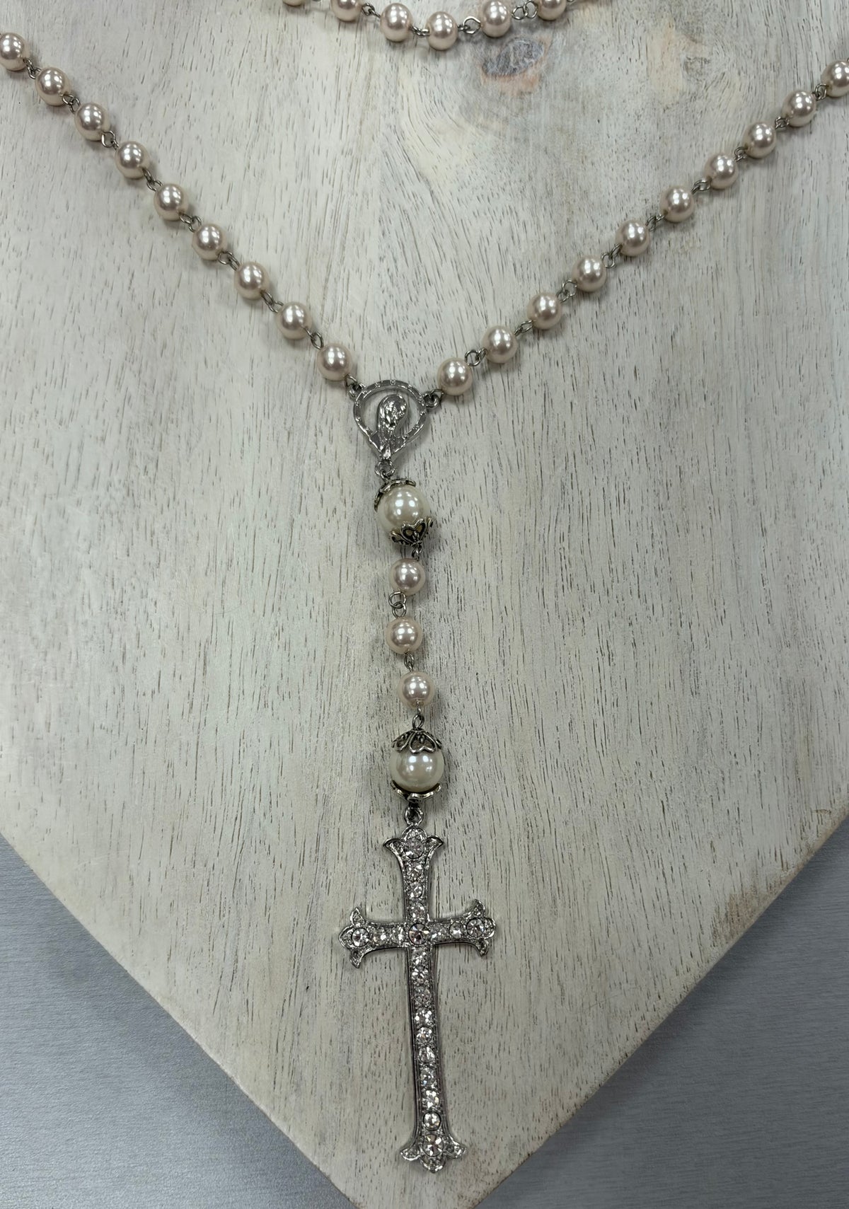 Pearl-Look Rosary with Silver-Tone Crystal Cross