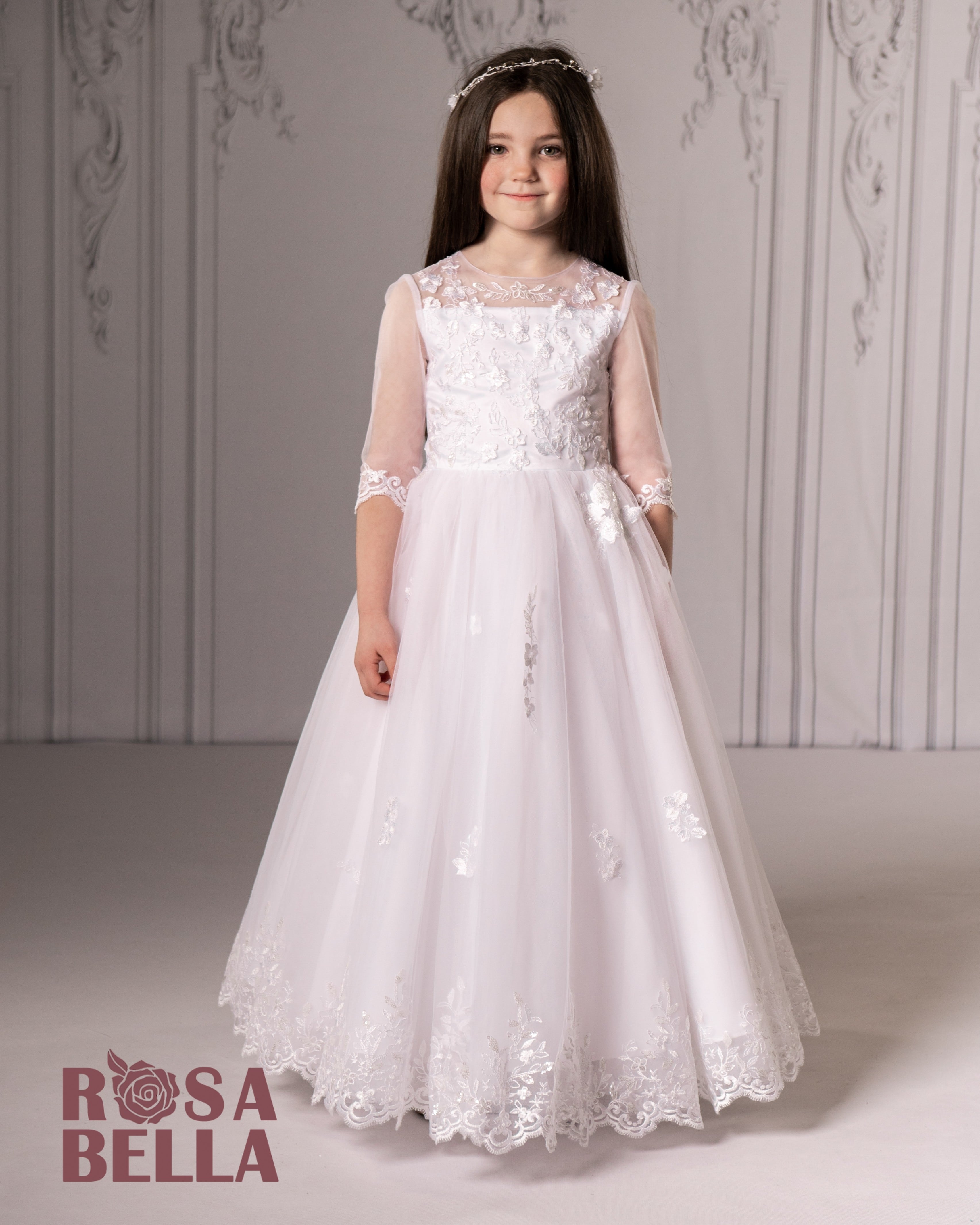 Rosa Bella Communion Dress with 3/4 sheer lace sleeve by La Bavetta 8.5 Rosa Bella Communion Dress with 3/4 sheer lace sleeve by La Bavetta 8.5