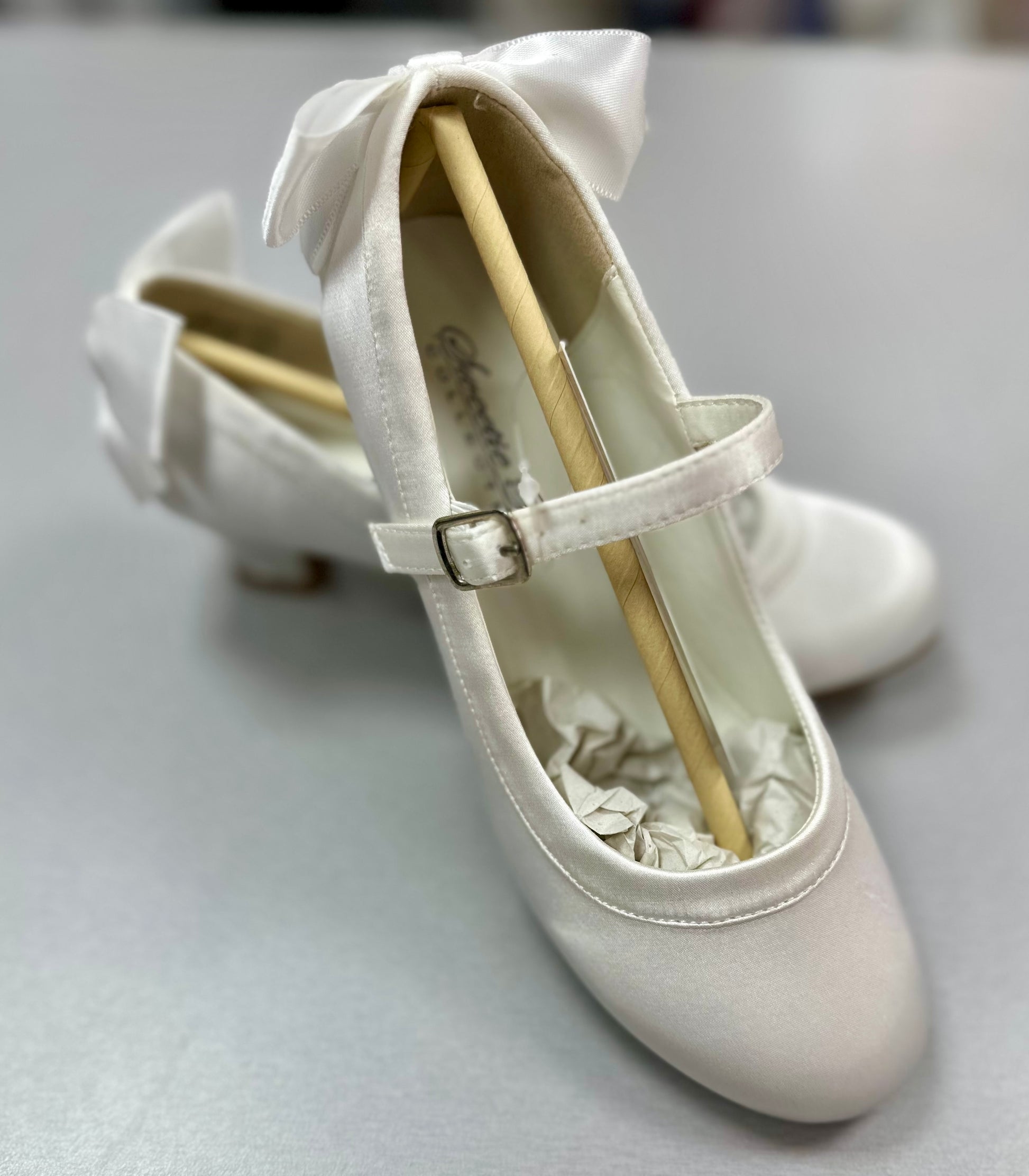 Satin white first Communion shoes by La Bavetta in NYC
