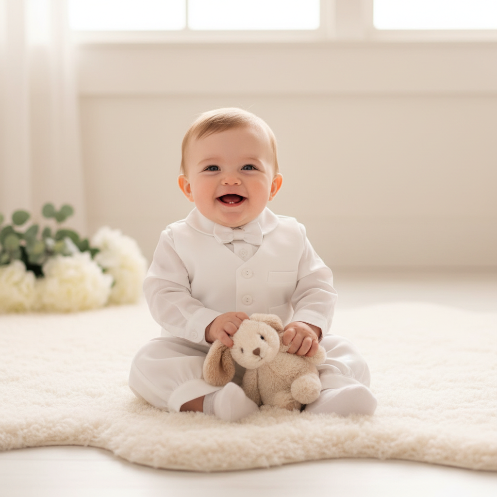 Baby boy wearing white christening romper