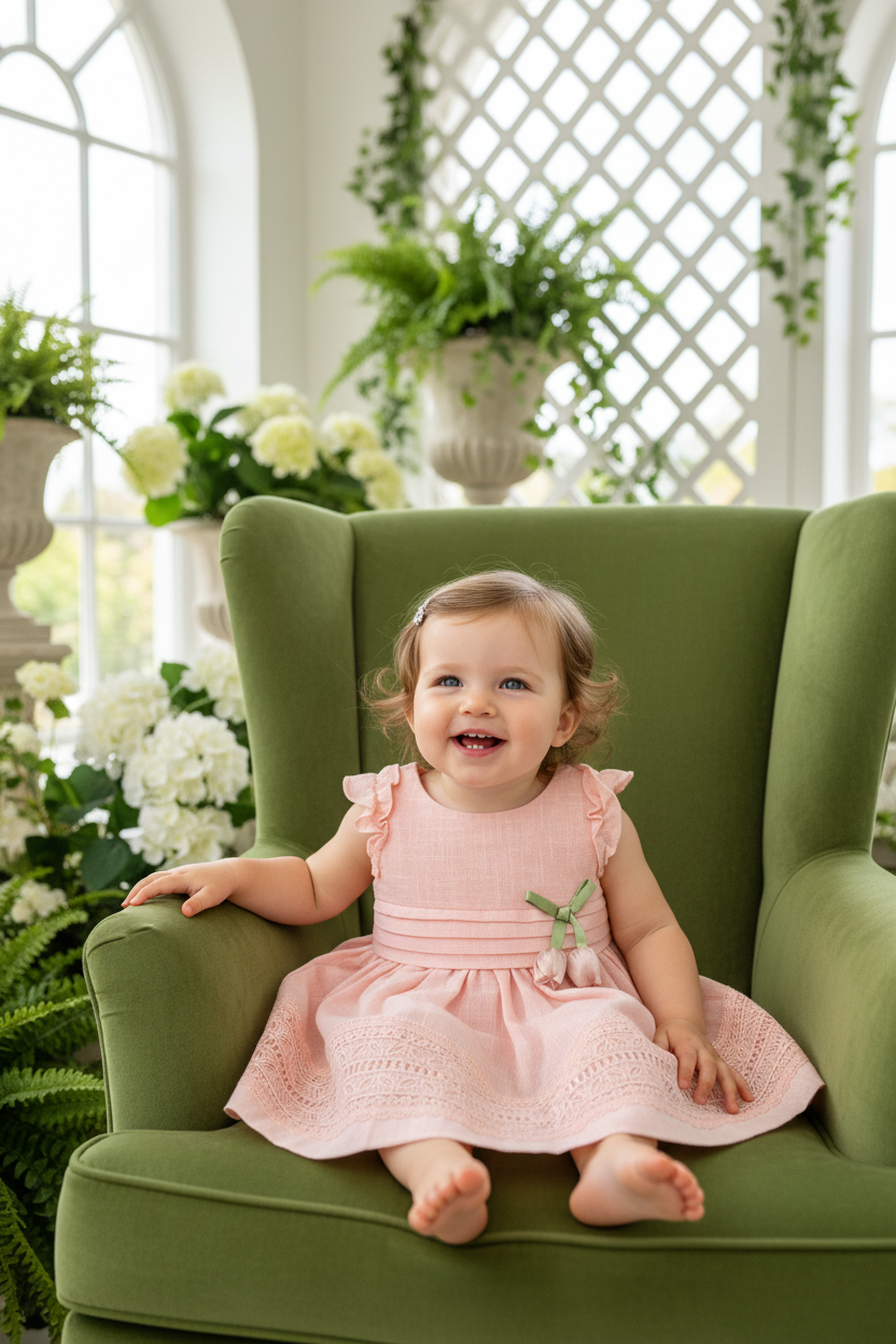 Baby girl wearing pink dress with tulip embellishments