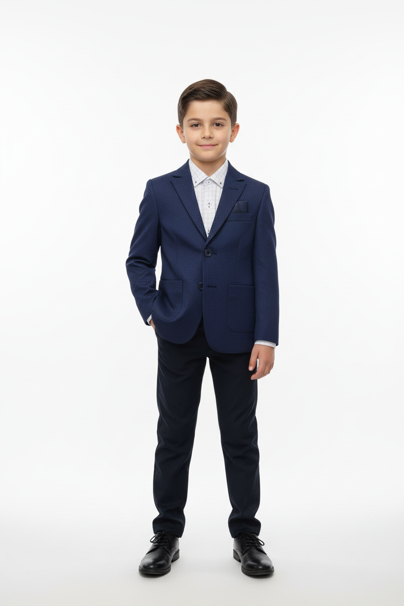Boy wearing navy blue dot suit