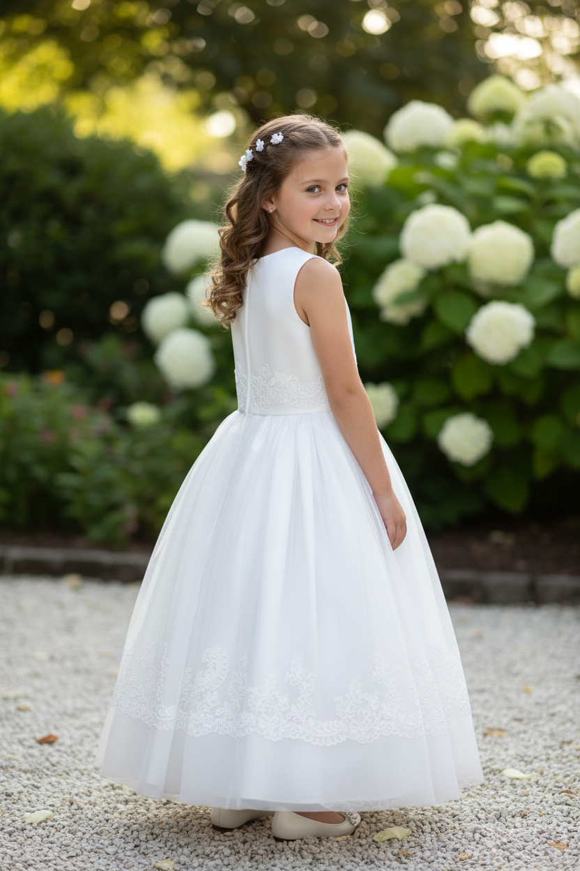 White Lace-Trim Tulle Communion Dress