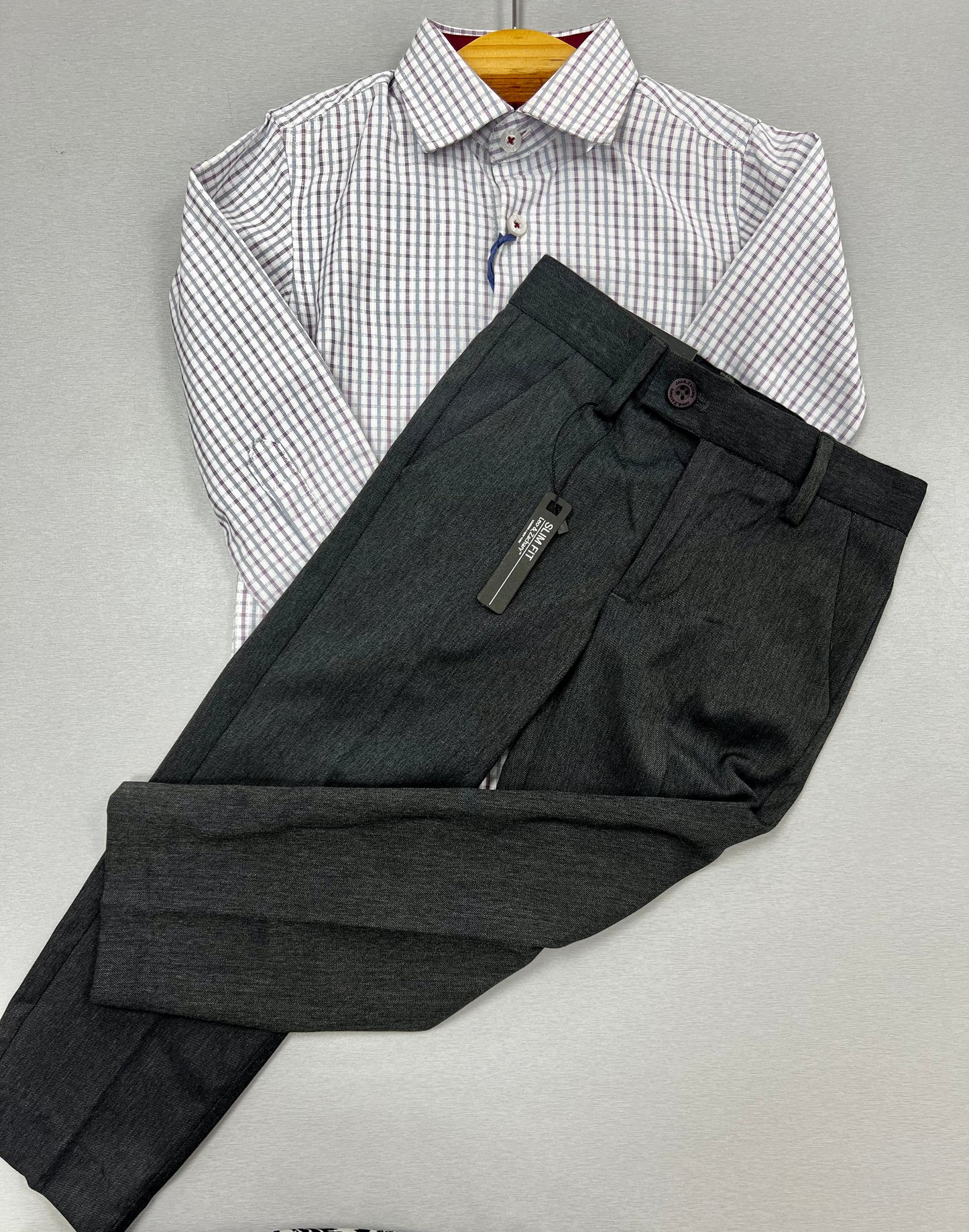 Wine & Gray Checkered Shirt with Gray Pants Set for Boys