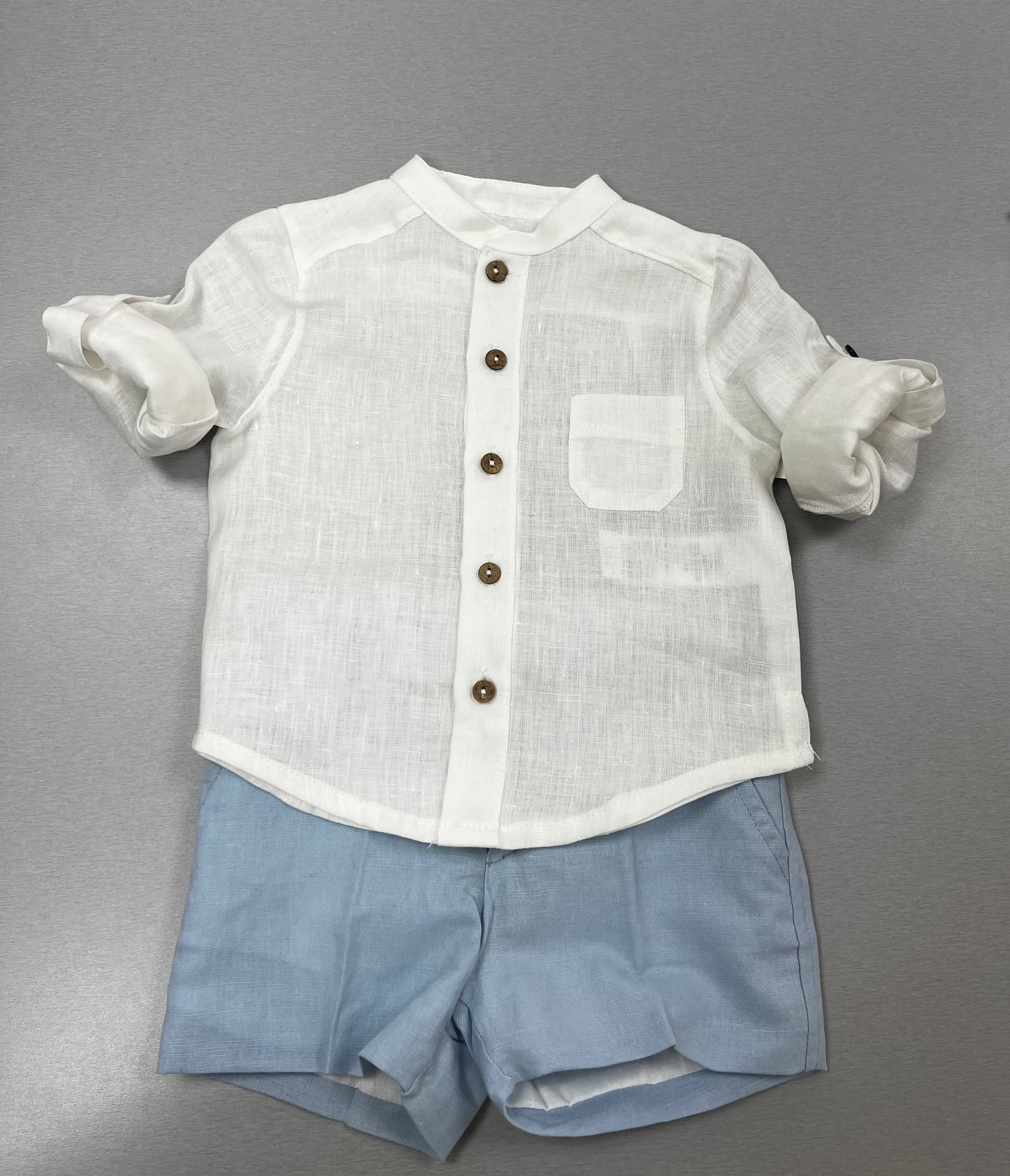 2PC Boys powder blue & white linen shirt & shorts set 042-20172