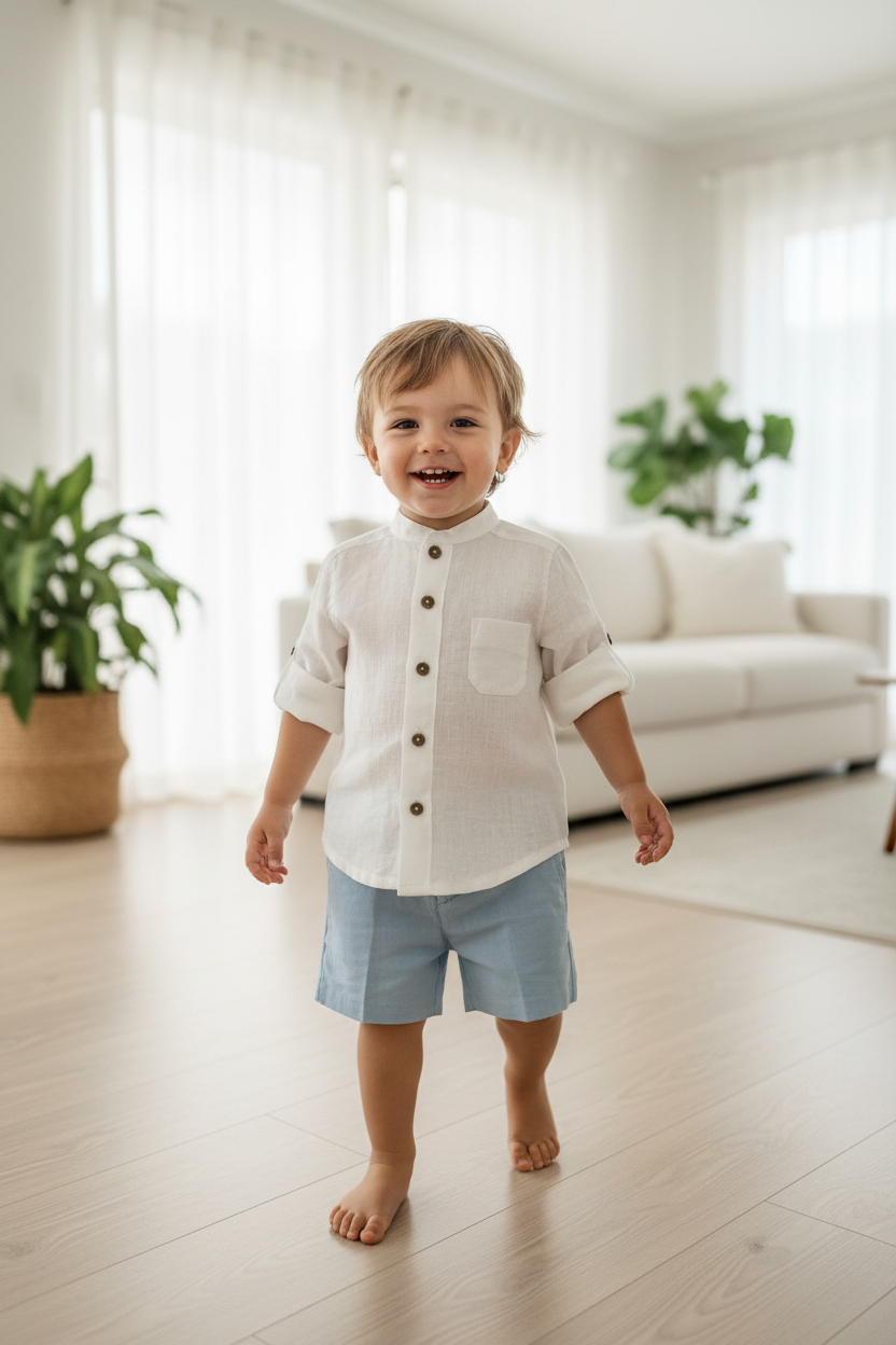 2PC Boys powder blue & white linen shirt & shorts set 042-20172