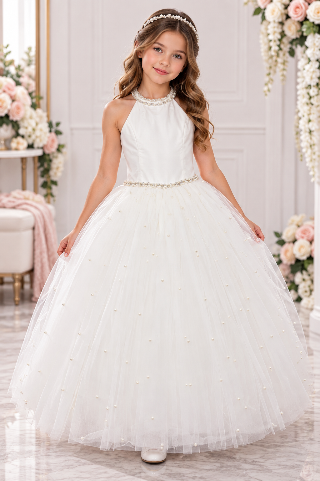 Pearl-Embellished Halter communion  Girls  Dress Lana Rae