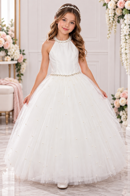 Pearl-Embellished Halter communion  Girls  Dress Lana Rae
