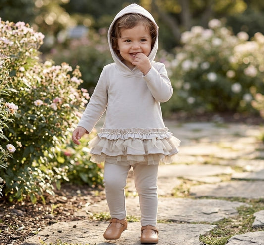 Toddler Girls' Taupe Hooded Ruffle Tulle Tunic & Leggings Set