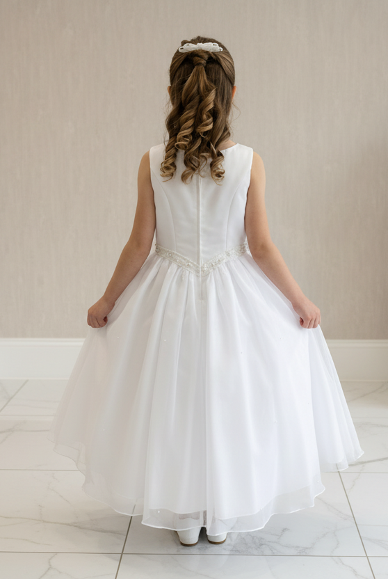 White Organza First Communion Dress with Pearl Waist Detail