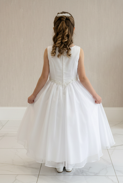 White Organza First Communion Dress with Pearl Waist Detail