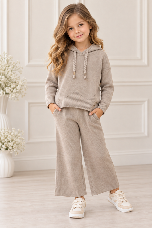 Oatmeal Knit Hoodie & Wide-Leg Pants Set