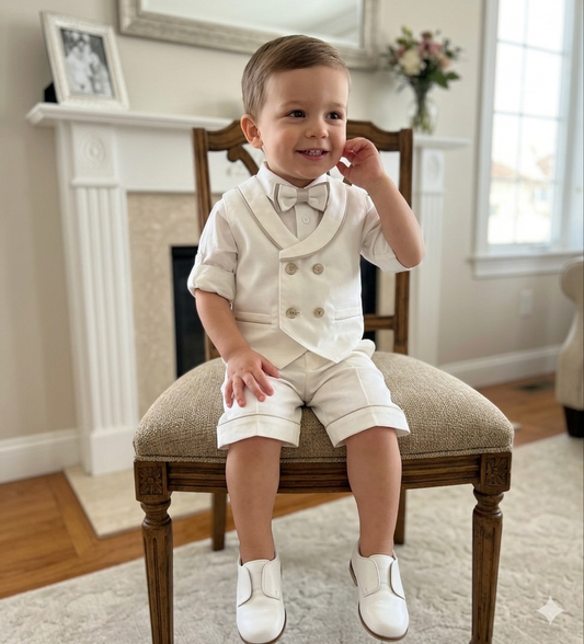 Boy’s light Ivory Double-Breasted Vest shorts christening Set Made In Italy