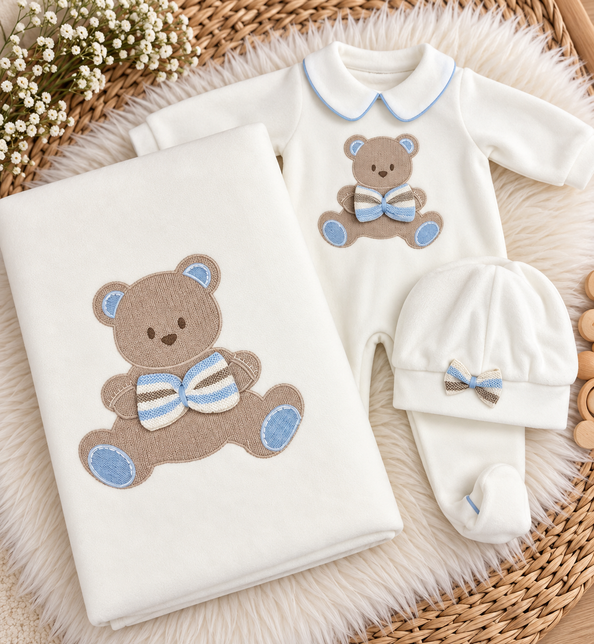Ivory & Blue Teddy Bear Baby Set Made In Italy