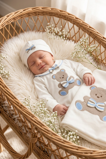 Ivory & Blue Teddy Bear Baby Set Made In Italy
