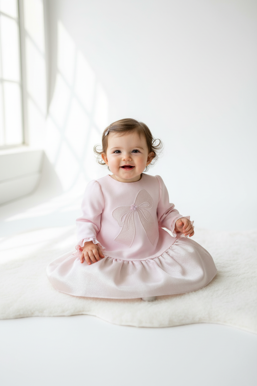 Pink Drop waist Dress with Bow Made In Italy