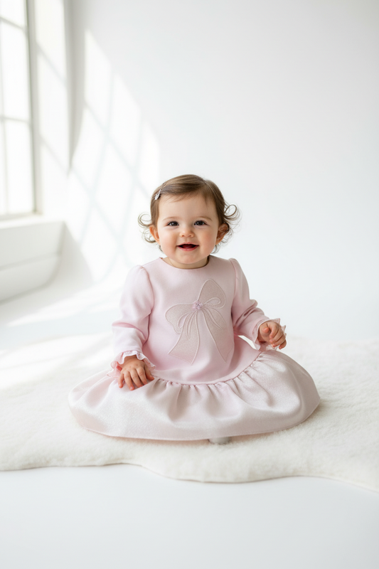 Pink Drop waist Dress with Bow Made In Italy