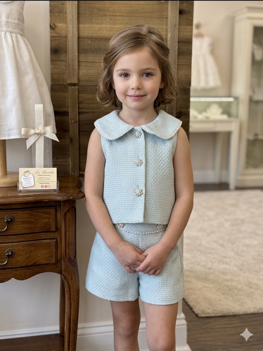 Light Blue Tweed Two-Piece Set – Vest & Shorts with Pearl & Crystal Details