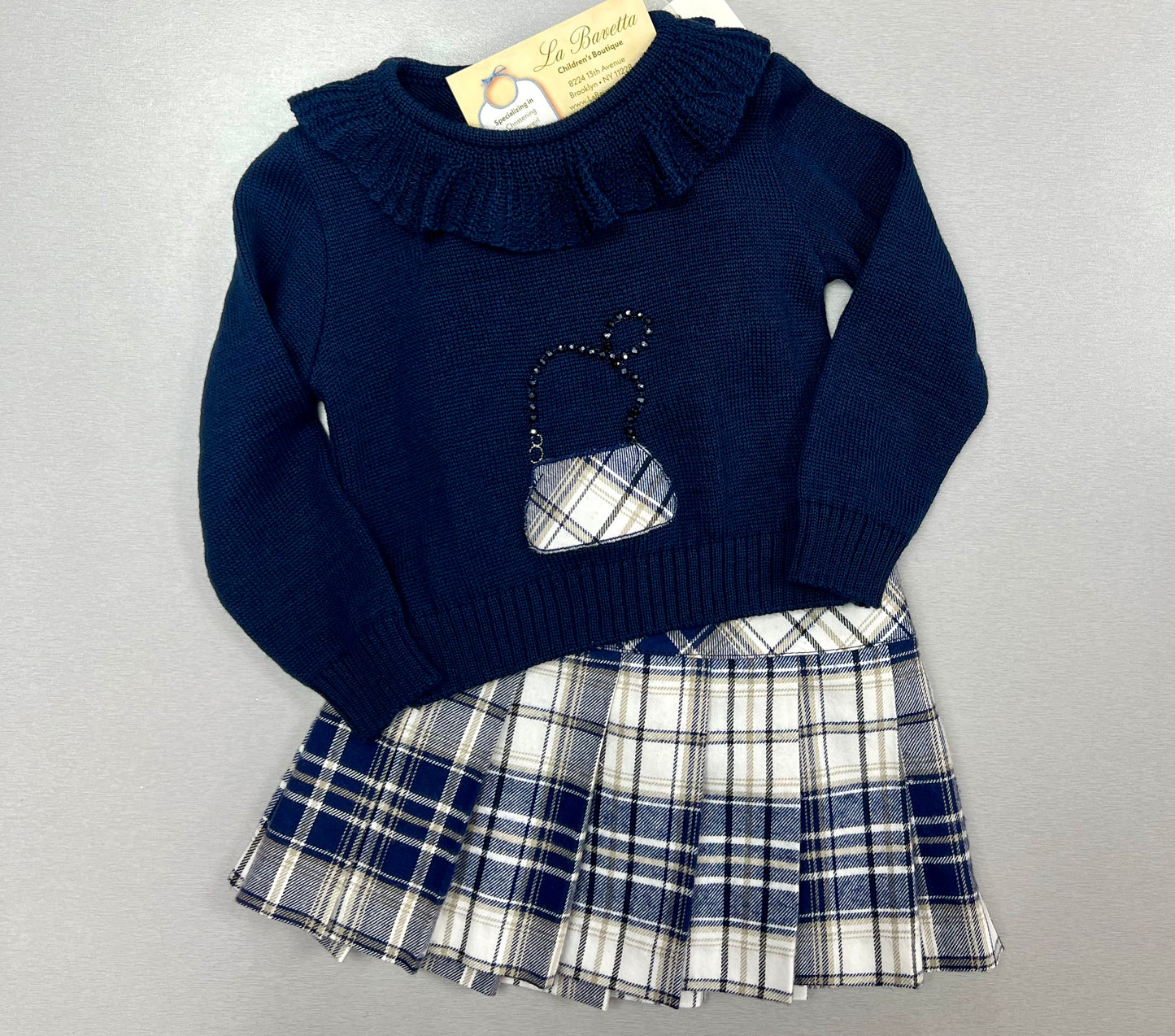 2pc navy Blue & White plaid skirt set Made In Italy