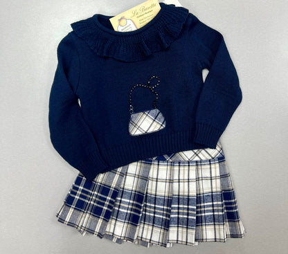 2pc navy Blue & White plaid skirt set Made In Italy