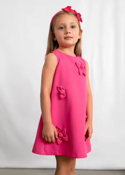 Fushia Pink Crepe Girls Dress with 3D Flower