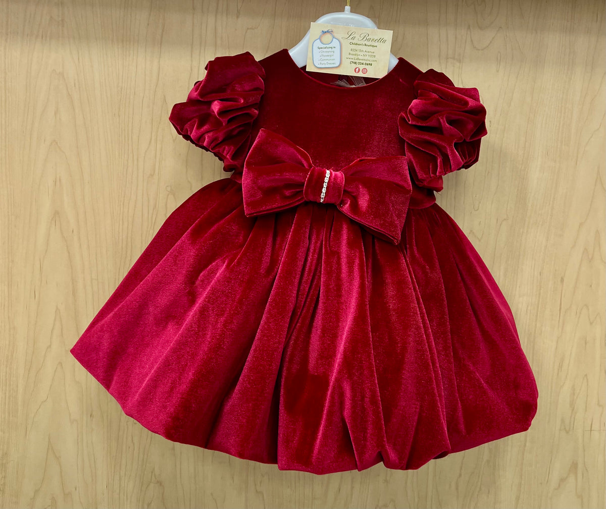 Girls' Red Velvet Puff Sleeve Bow Dress