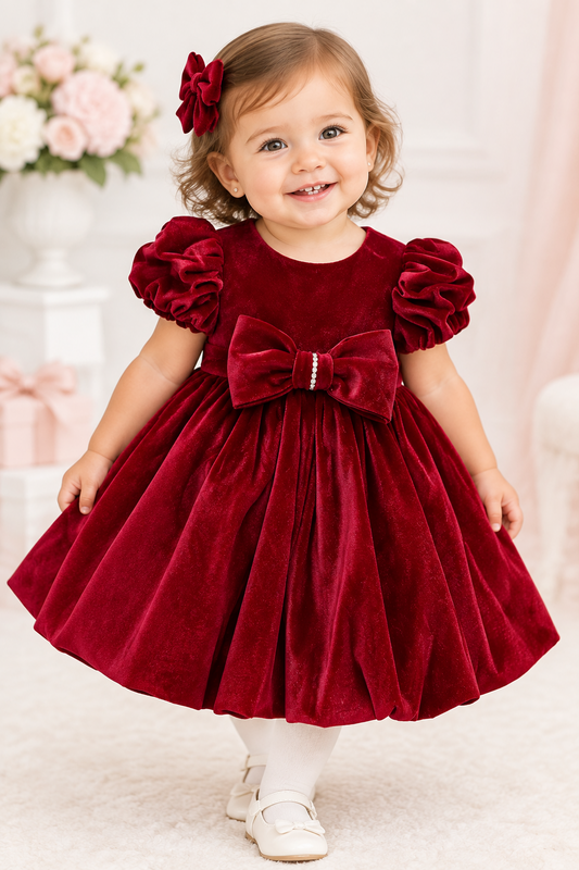 Girls' Red Velvet Puff Sleeve Bow Dress