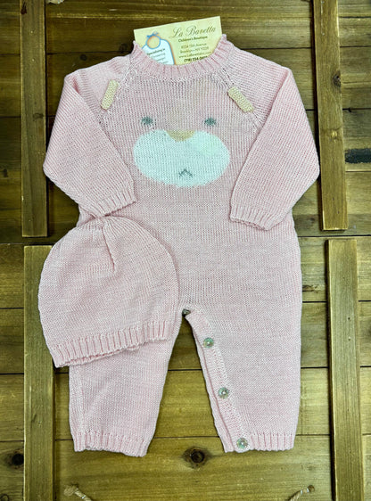 Pink Knit Baby Romper & Hat Set with Baby Bear Motif