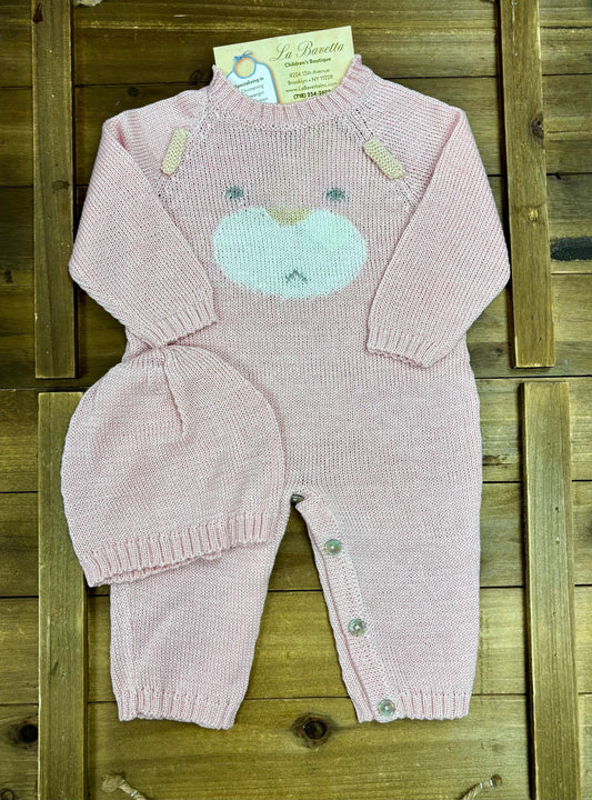 Pink Knit Baby Romper & Hat Set with Baby Bear Motif