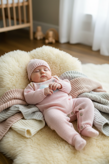 Pink Knit Baby Romper & Hat Set with Baby Bear Motif