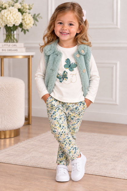 Girls 3-Piece Faux Fur Vest, Butterfly Tee & Floral Pants Set