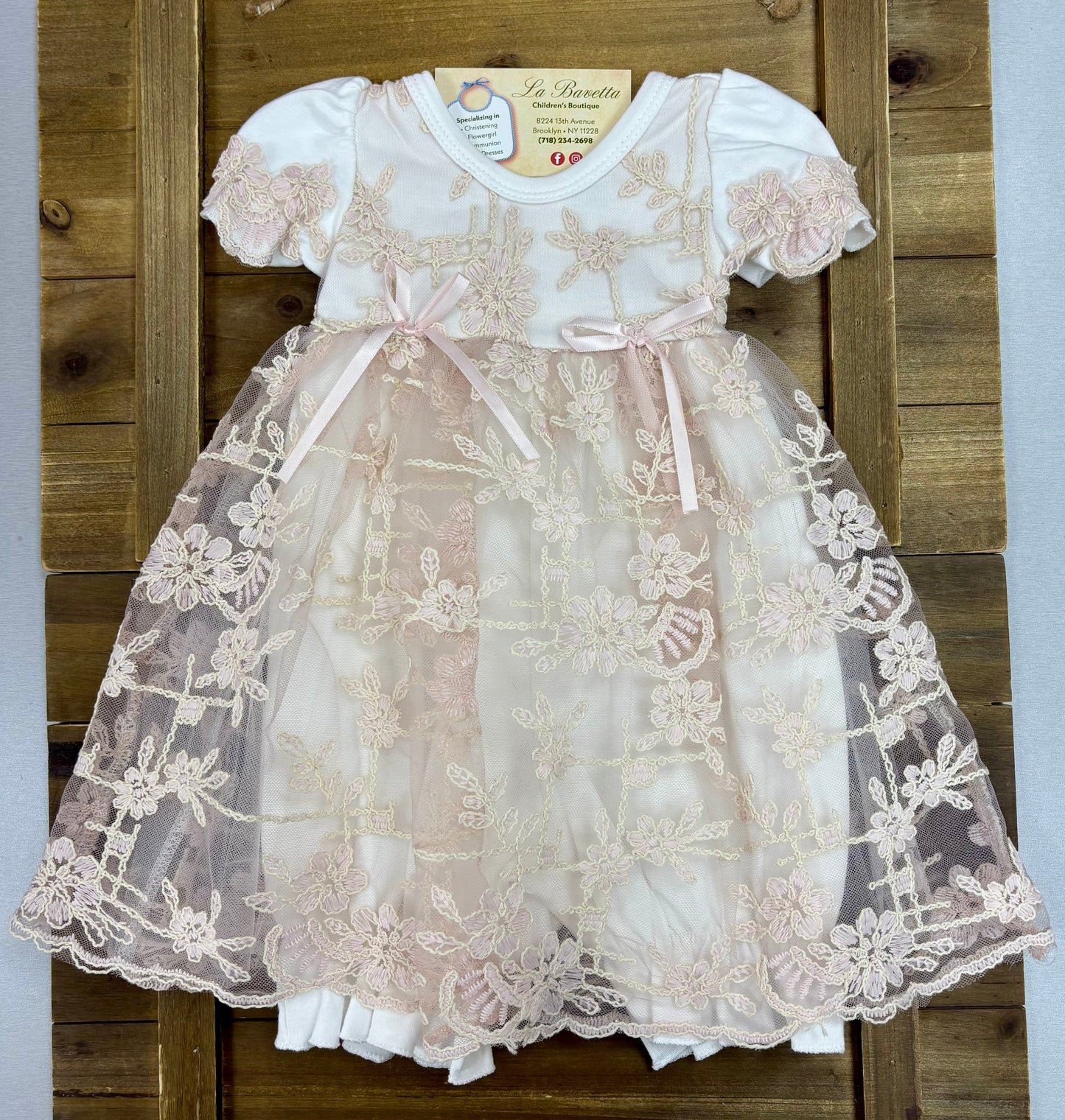 Pink Lace  Dress & Bonnet Set