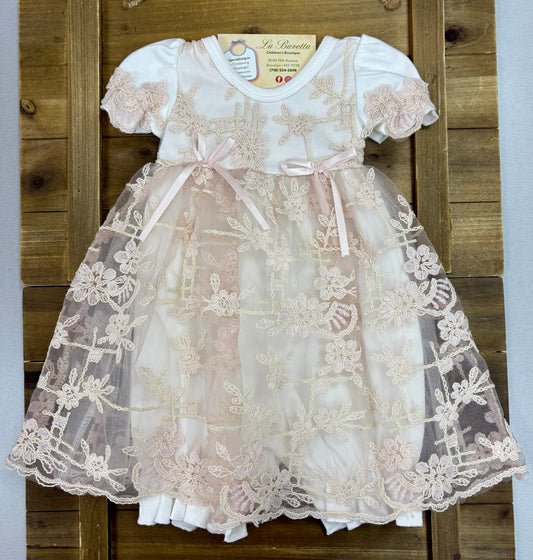 Pink Lace  Dress & Bonnet Set