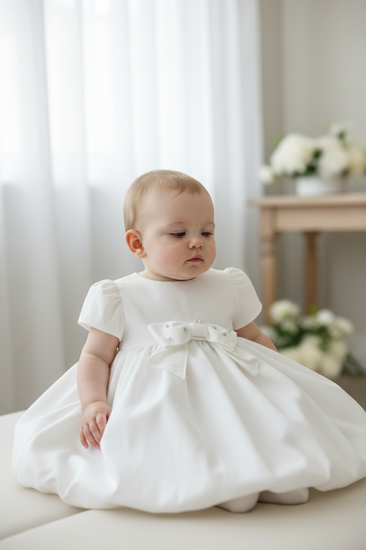 Bimbalo Pearly White Velour Bow Dress