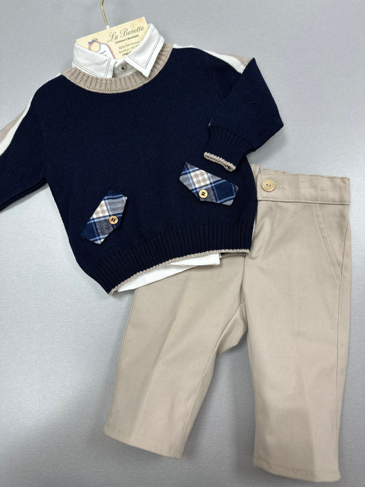 Bimbalo  3pc navy & beige boys pants set 6874