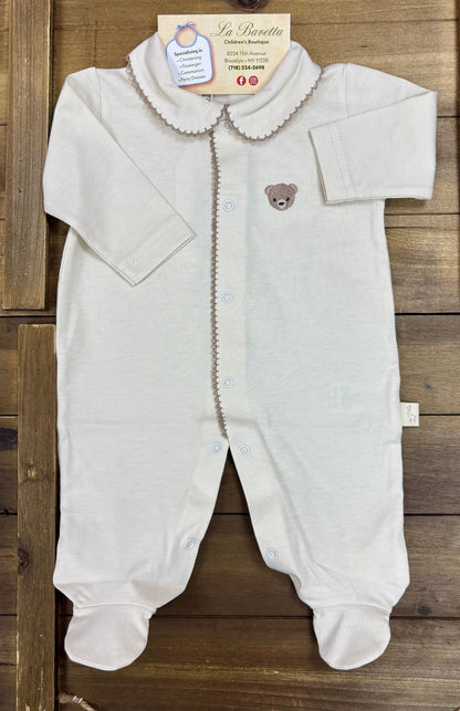 Tan Bear Embroidered Baby Footie with Peter Pan Collar
