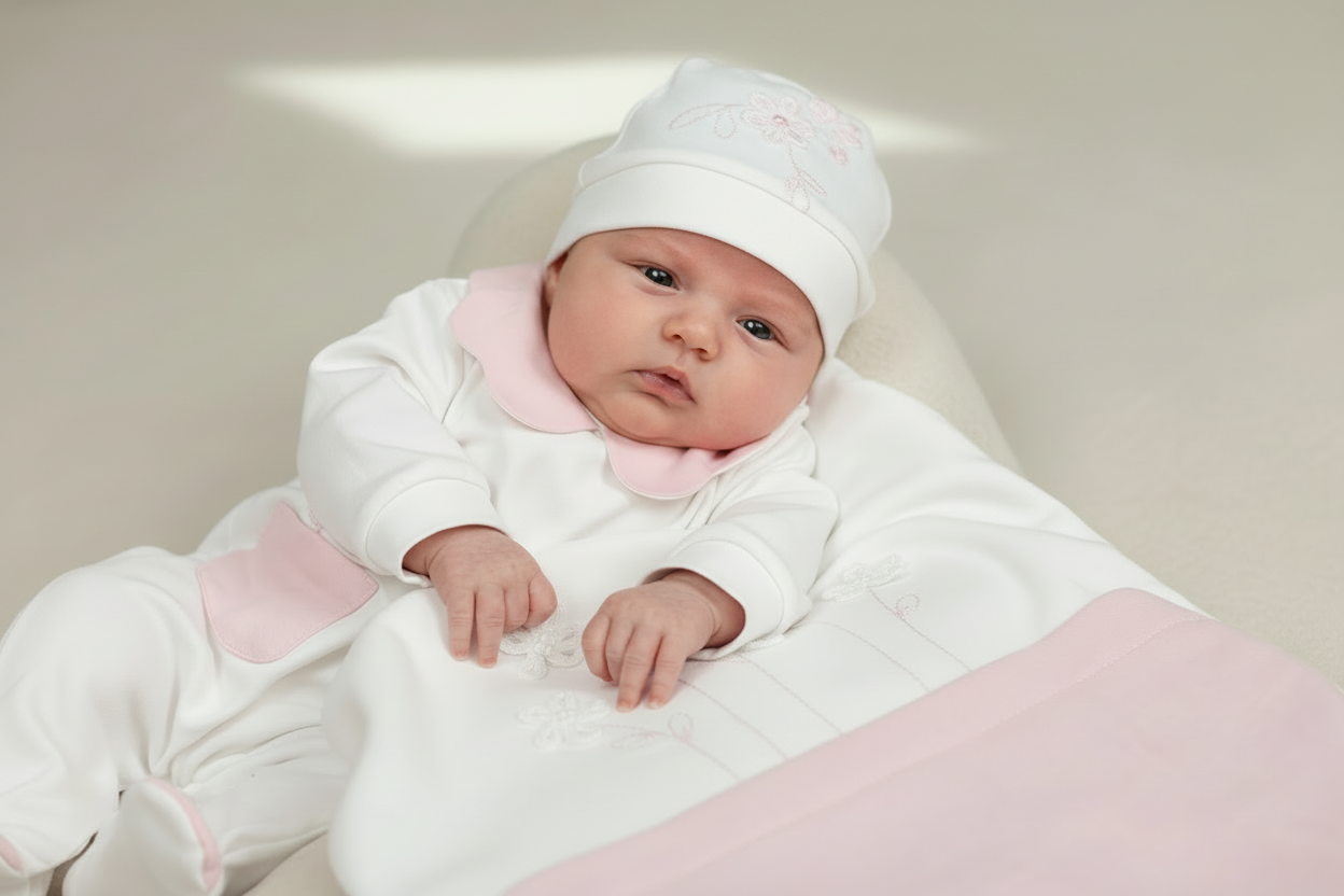 1-month-old baby wearing complete pink and white take home set with cap