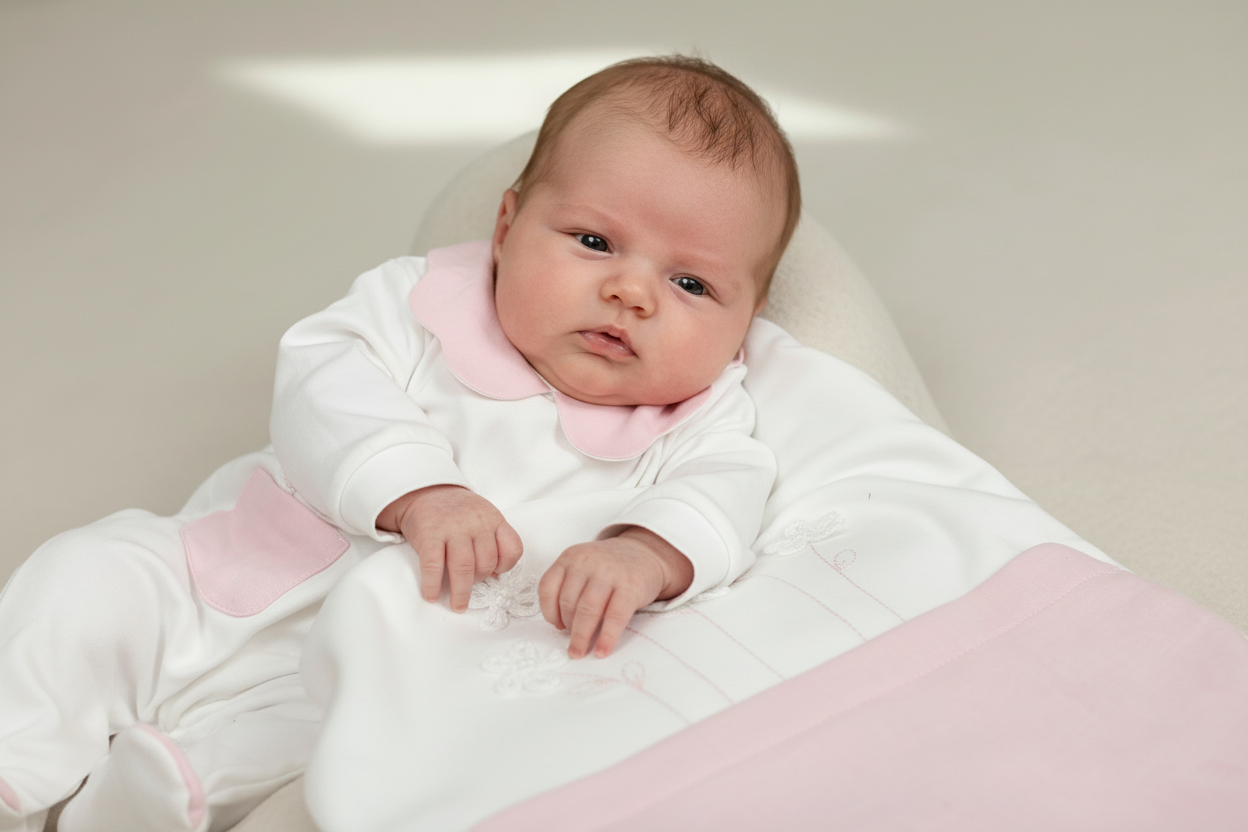 1-month-old baby wearing pink and white take home set