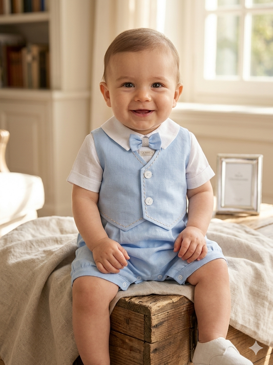 Baby Boy Blue Linen Vest Romper Set with Bow Tie Made In Italy